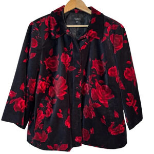 Talbots Women's Petite Black Red Rose Velvet Velour Blazer Jacket Modest 22WP